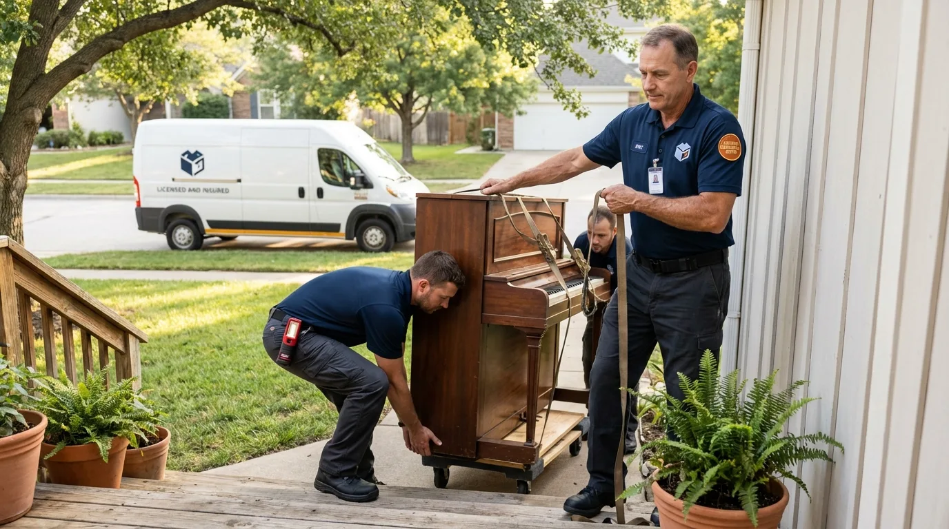 Licensed piano movers securing grand piano in Elmore, OH